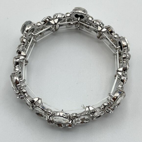 Silver Tone White Glass Rhinestone Cluster Metal Stretch Bracelet Bold Statement - Picture 4 of 6